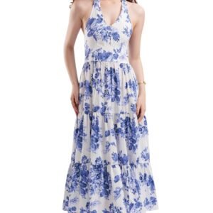 Mondayholiday Blue Floral Halterneck Tiered Midi Dress