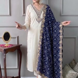 Women Rayon Embroidered Kurta Bottom Ensemble with Printed Badhani Dupatta Ethnic Set