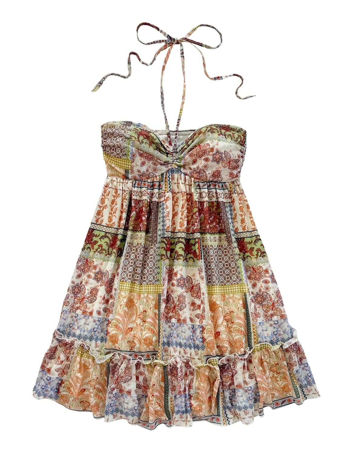 SOLY HUX Women's Summer Floral Print Mini Dress Halter Sleeveless Ruffle Hem Vacation Flowy Dresses