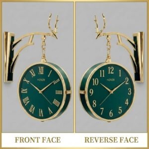 Wall Clock Double Sided Vintage Analog Wall Clock Hanging Clocks European Style Train Station Clocks Decor Patio Garden Home Living Room Bedroom (W4-Green), Polyvinyl Chloride (Pvc)