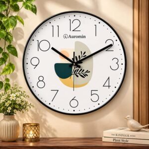 Auromin Glass Wall Clock for Living Room Decor | Latest Antique Stylish Fancy Decorative Large Wall Watch for Bedroom, Office, Kitchen, Dining Room, Hall & Home Decoration (Black Leaf, 40)
