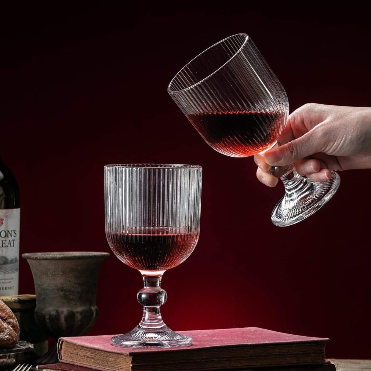 Smooth Vertical Lining Wine Glasses, 370ML, Set of 2, Vintage Design Mug for Red Wine, Whiskey, Champagne, Juice Or Other Beverages, Ideal for Entertaining Guests Or Having A Party