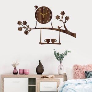 Aum Wooden MDF Tree Birds Coffee Cup On Julha Design Wall Clock Without Glass (Brown, 43cm x 68cm)-058