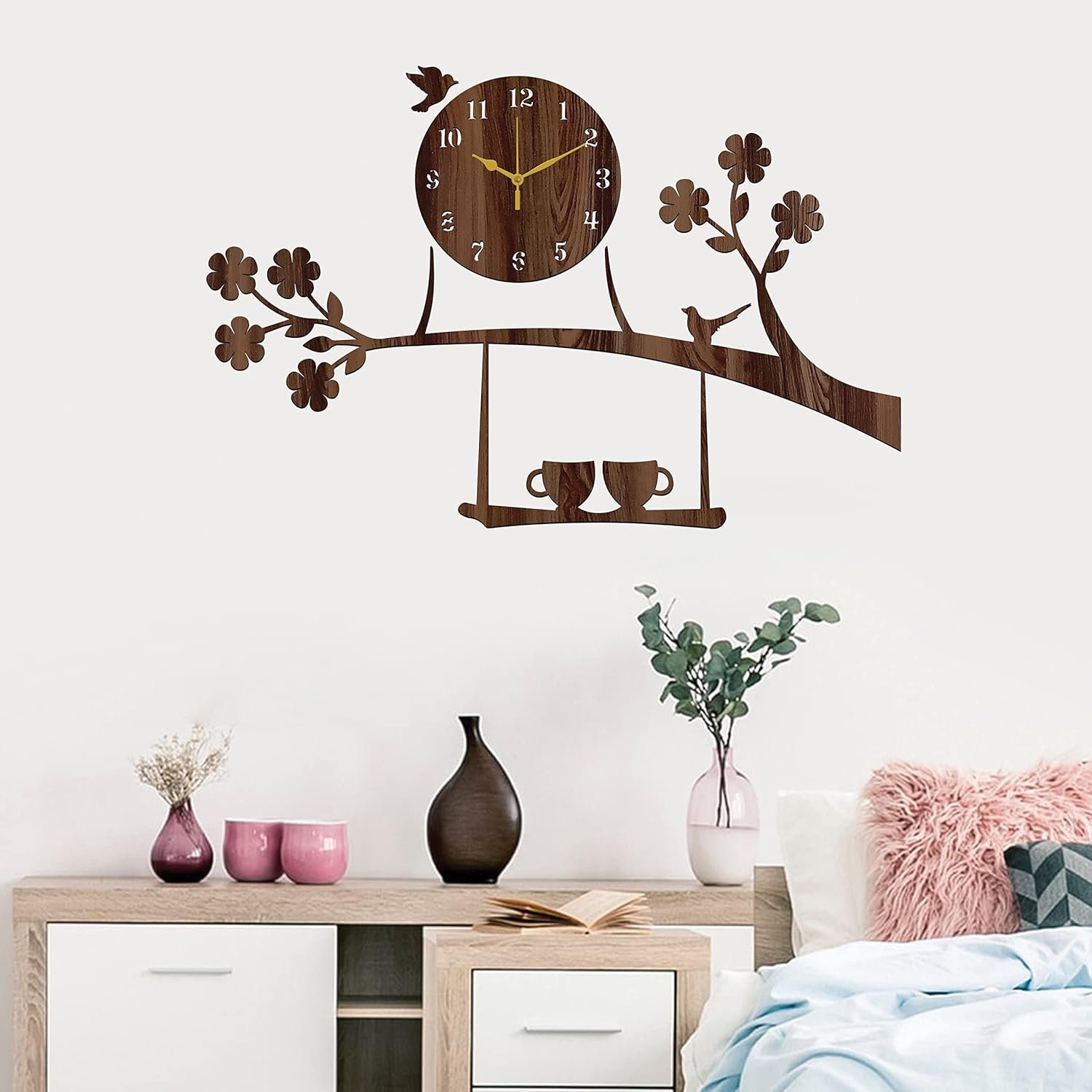 Aum Wooden MDF Tree Birds Coffee Cup On Julha Design Wall Clock Without Glass (Brown, 43cm x 68cm)-058
