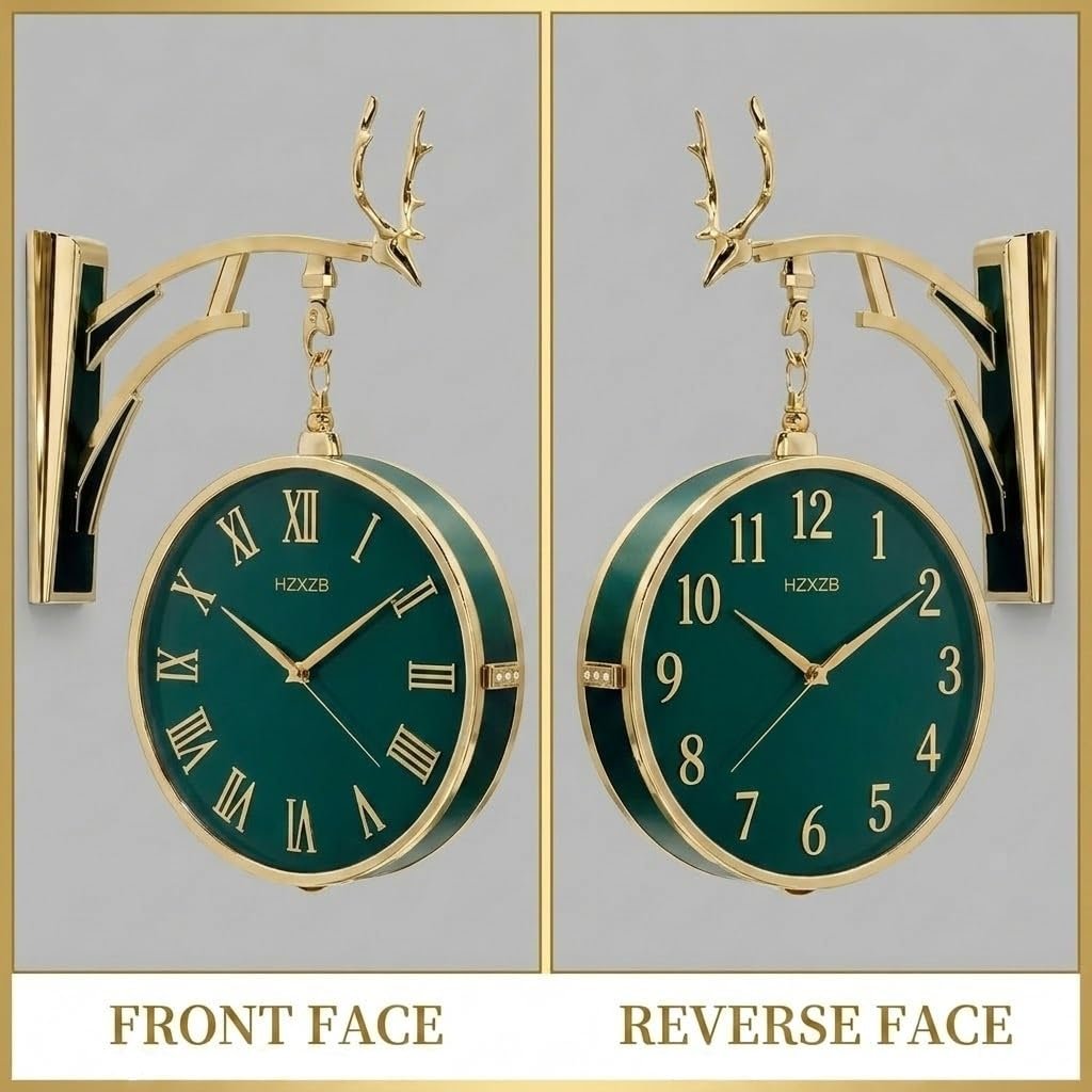 Vintage Double Sided Wall Clock, Alloy Wall Hanging Two Faces Retro Round Clock, Wall-Mounted Metal Antique Style Home Decor Silent Wall Clock (AB-02)