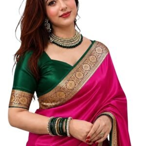 Women's Banarasi Satin Silk Plain Saree with Golden Zari