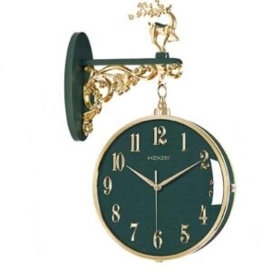 Earwig Metal Luxury Round Hanging Wall Clock Double Sided Analog Watch with Roman & English Numbers 360° Rotating Design for Home Office Decor