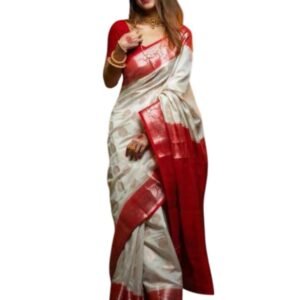 Flosive Women’s White Red Banarasi Saree Ethnic Wear with Rich Pallu & Zari Border