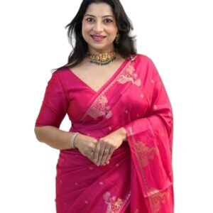 Women's Banarasi Silk Cotton Saree with Unstitched Blouse Piece, Multi-Coloured, Floral Jacquard Weave, Zari Embroidery, for Farewell and Festival (KP- 6085- red)