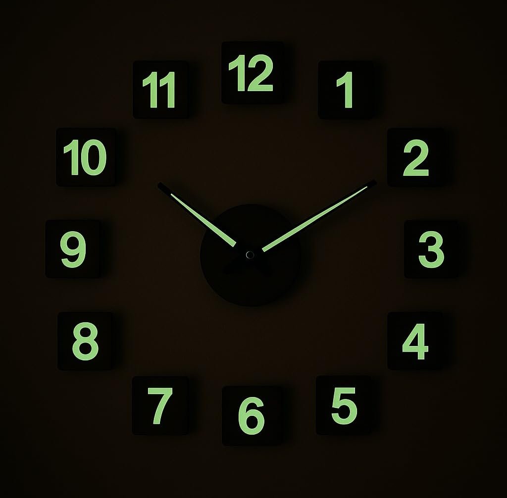 cozyloom Luminous DIY 3D Wall Clock Glow in Black - Modern Wooden Design Wall Clock, Radium Numbers Night Glow Home Decor Watch for Living Room Bedroom Office