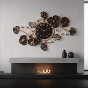 Artisan Metal Wall Clock for Hall 30 Inch | Handcrafted 3D Ginkgo Leaf Wall Decor Clocks for Living Room | Antique Gold Black Wall Watch | Silent Quartz Home Decoration Items