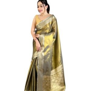 SATIKA VASTRAM Women's Banarasi Tissue Silk Saree Soft Zari Weaving Golden Tone With Blouse Piece