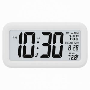 Digital Alarm Clock with Automatic Sensor, Large LCD Backlight Display, Date & Temperature, Battery Clock for Bedroom, Home, Office & Students (Power Cell Not Included) (White)