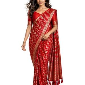 Women’s Banarasi Silk Blend Saree Red Ready To Wear Saree | Traditional Ethnic Saree for Wedding, Festive & Party | Designer Indian One Minute Saree with Unstiched Blouse Piece