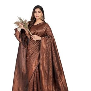 Women's Banarasi Art Silk Saree with All-Over Copper Zari Jacquard Weave and Unstitched Blouse Piece - Metallic Brown