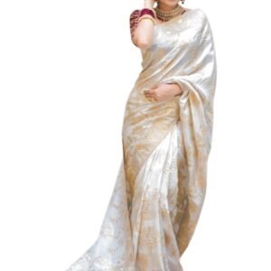 Flosive “Royal White Banarasi Silk Saree with Jacquard Patterns & Golden Zari Work – Classic Ethnic Wear for Weddings, Festivals & Cultural Events