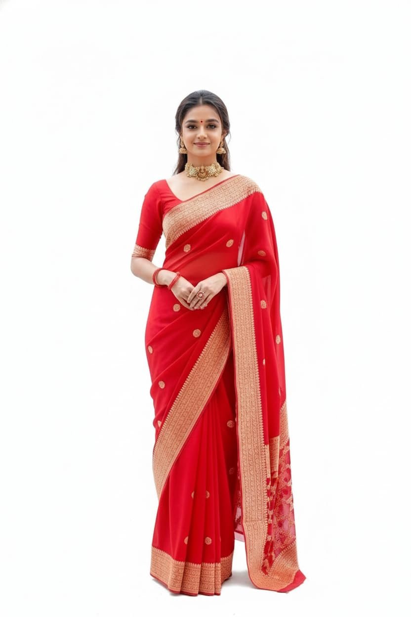 KIVERA Banarasi Style Woven Silk Saree for Women with Zari Border & Butta Design | Traditional Festive Saree with Unstitched Blouse