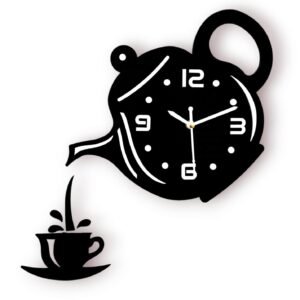 cozyloom Tea Time Theme Wooden Wall Clock | Creative Teapot & Cup Cutout Design | Analog Kitchen Wall Clock for Home, Café & Office Décor | Gift Item (Black).