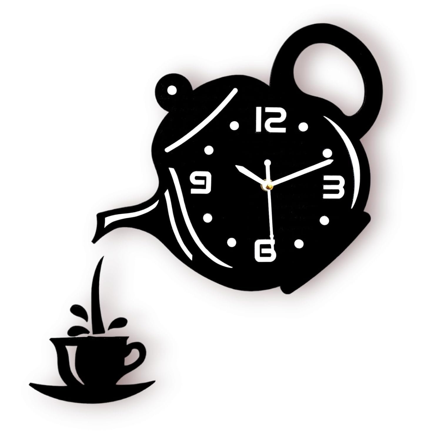 cozyloom Tea Time Theme Wooden Wall Clock | Creative Teapot & Cup Cutout Design | Analog Kitchen Wall Clock for Home, Café & Office Décor | Gift Item (Black).