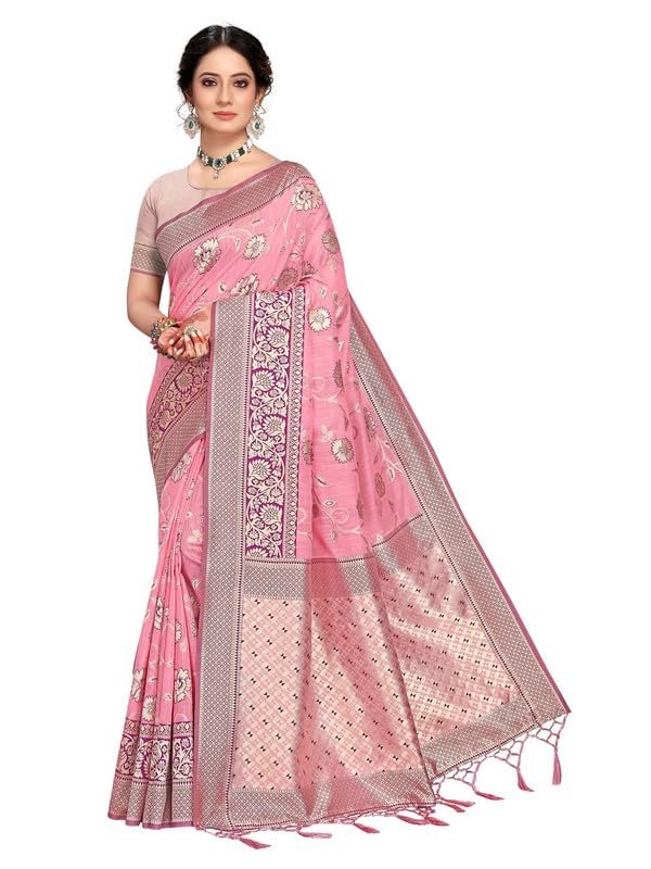 Rekha Maniyar Women’s Banarasi Silk Saree with Unstitched Blouse | Woven Zari Floral Foil Print Design | 5.5 m Saree with 0.8 m Blouse | Festive & Casual