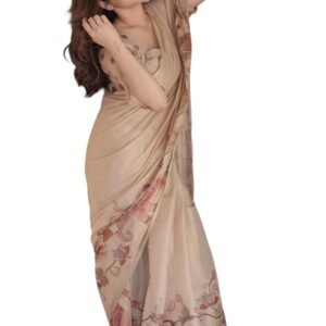 Premium Silk Saree, Beige, Traditional Printed Border, Designer, for Wedding, Festive & Party with Blouse Piece