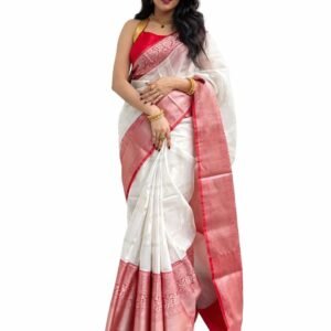 KIVERA Elegant Banarasi Silk Blend Saree for Women | White & Red Zari Woven Traditional Saree | Ethnic Wedding Saree With Unstiched Blouse Piece