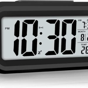 Digital Alarm Clock with Large LCD Display, Smart Night Sensor, Date and Temperature Display, Battery Operated, for Bedroom, Office, and Home Decor (Black)