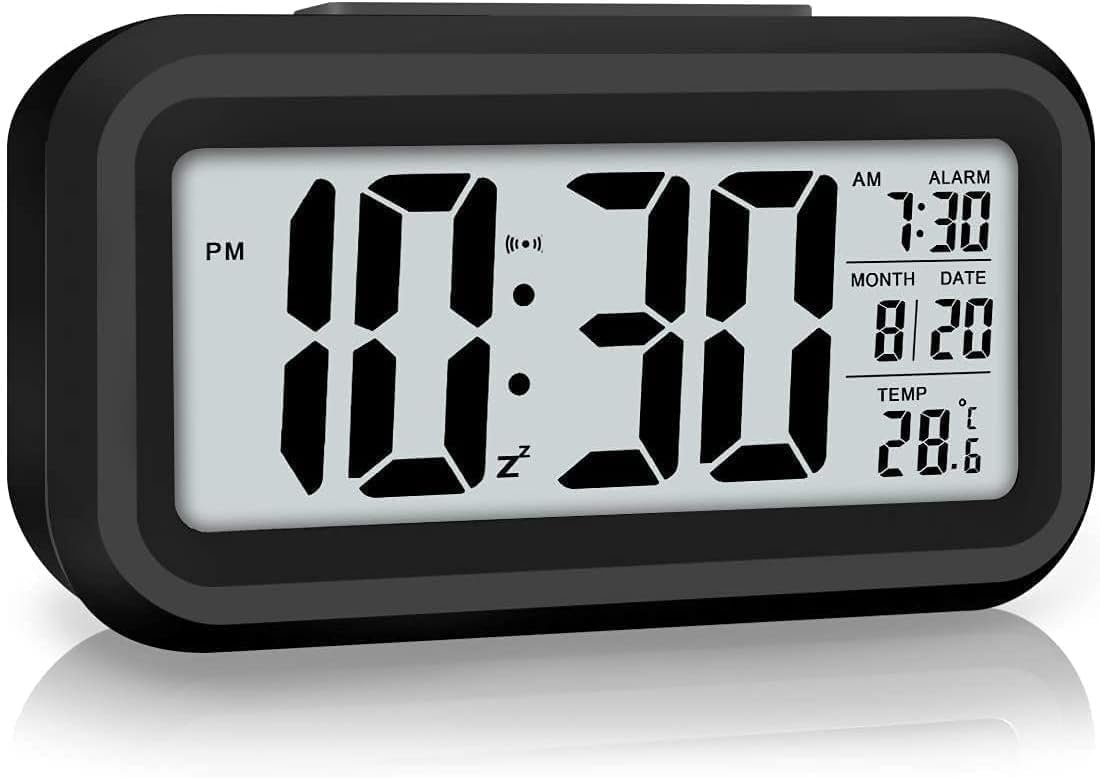 Digital Alarm Clock with Large LCD Display, Smart Night Sensor, Date and Temperature Display, Battery Operated, for Bedroom, Office, and Home Decor (Black)