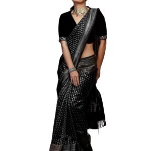Women's Black Banarasi Soft Silk Saree with Silver Zari Woven Buta Design | Traditional Ethnic Wear Saree with Unstitched Blouse Piece