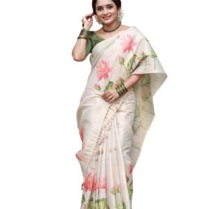 Silk Saree, Off-White, Lotus Floral Print, Lightweight, Festive & Wedding saree, with Unstitched Blouse Piece