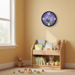 NILOY Purple Cute Cartoon Baby Elephant Design Silent Wall Clock - 12 Inch Non Ticking Quartz Decorative Wall Watch for Home Decor, Kids Room, Nursery and Bedroom (Large White Numbers)