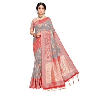 Rekha Maniyar Women’s Banarasi Silk Saree with Unstitched Blouse | Woven Zari Floral Foil Print Design | 5.5 m Saree with 0.8 m Blouse | Festive & Casual