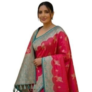 ZITON Banarasi Silk Saree, Pink with Teal Border, Zari Woven Motifs, Tassel Dupatta, Festive TIME Wear KANJIVARAM SAREE VAMIKA M RANI