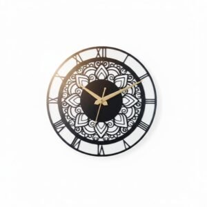 Mandala Art Wooden Wall Clock - 12 Inch (30cm) Silent Non-Ticking Decorative Wall Clock - MDF Wood Laser Cut Design - Modern Roman Numeral Style