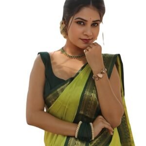 Boloka Women's Kanjivaram Cotton Silk Saree For Wedding Banarasi Style Sari With Blouse Piece