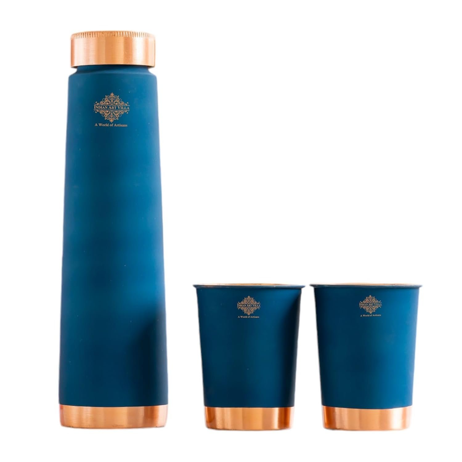 INDIAN ART VILLA Copper Bottle & Glass Gift Set - 800 ml Water Bottle & 2 Glasses (300 ml Each) - Peacock Blue Pyramid Ombre Silk Finish, Perfect for Gifting & Everyday Use