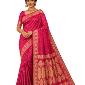 Women's Red Banarasi Silk Saree with Rich Gold Zari Woven Border & Pallu | Traditional Ethnic Wedding Festive Saree with Unstitched Blouse Piece