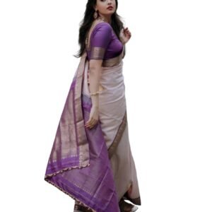 Traditional Banarasi Silk Saree with Jacquard Blouse, Purple and White