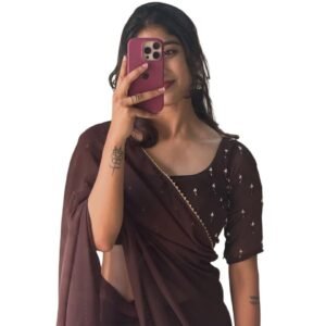 Elegant Georgette Designer Saree with Sequin Embellishments, Brown Party Wedding Festive Sari for Women