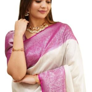 White Pink Women's Kanjivaram Banarasi Soft Lichi Silk Traditional Saree With Attach Un-stitched Blouse Piece