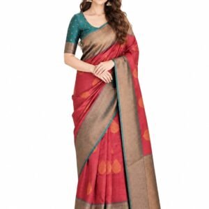 Womens Premium Kanjivaram Banarasi Soft Silk Saree with Rich Woven Zari Butti and Heavy Contrast Border | Traditional Designer Festive, Wedding, Bridal and Party| With Blouse Material