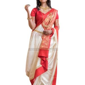 Women's Traditional Cream and Red Banarasi Soft Silk Saree with Rich Golden Zari Woven Pallu & Border with Blouse Piece (Bengali/Festive Style)