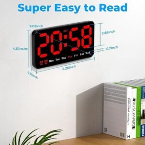 Large 9-Inch LED Digital Wall Clock (Red) | Big Number Display | Dual Alarm | DST | Adjustable 3-Level Brightness for Home & Classroom