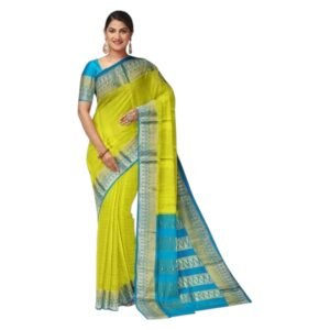 Pure Silk Mysore Crepe Saree With Temple Border | Elegant Traditional Indian Silk Wear | Luxurious Soft Textured Fabric | Graceful Lightweight Drape | Heritage Inspired Ethnic Apparel (Neon)