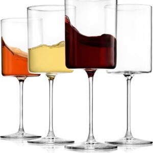 PrimeWorld Square Wine Glasses Set of 4 Pcs, Crystal Stemmed Modern Wine Glasses 260 ml Tall Thin Rim, Large Wine Glasses for Red and White Wine,W/Laser-Cut Rim, Dishwasher-Safe