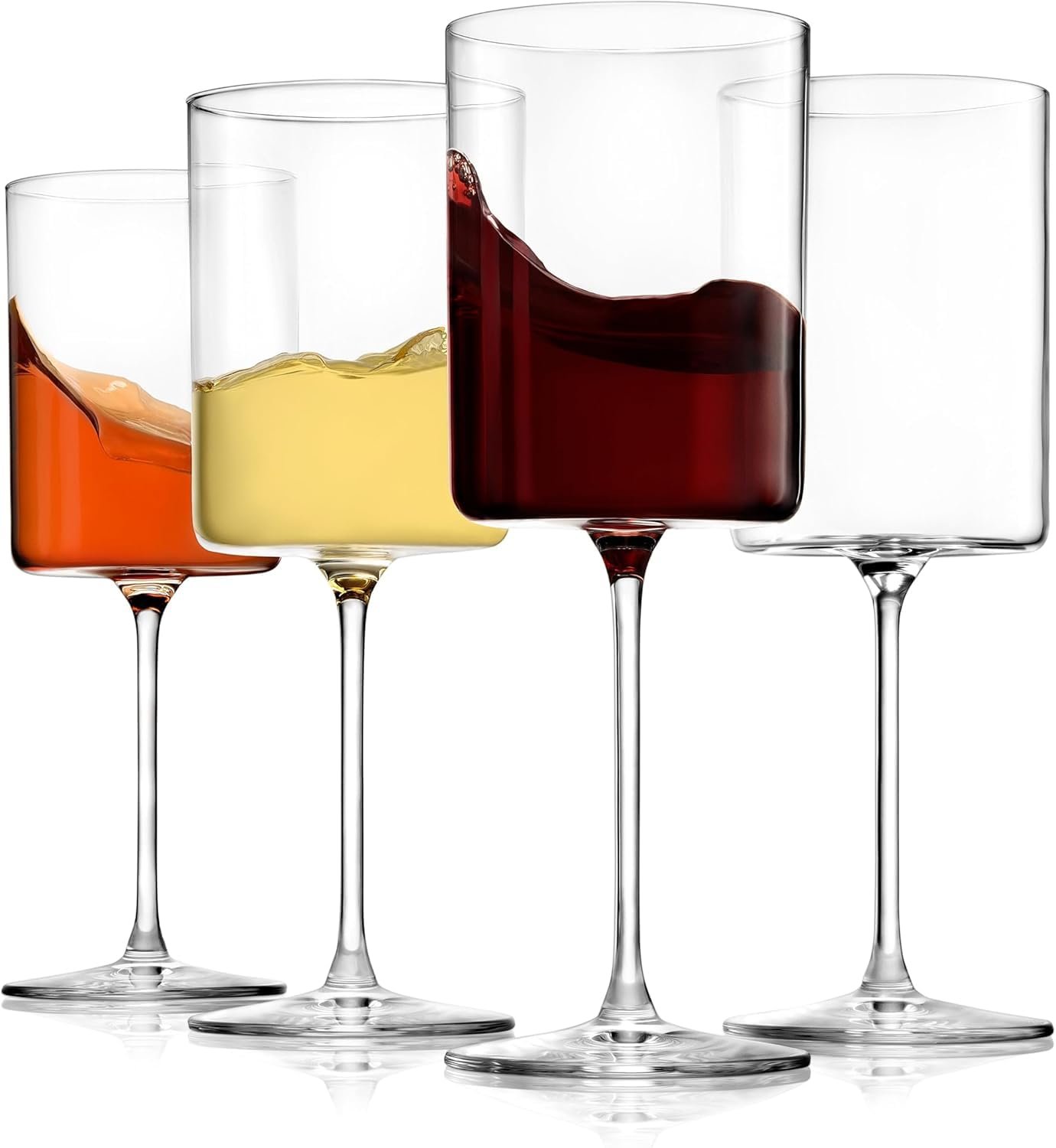 PrimeWorld Square Wine Glasses Set of 4 Pcs, Crystal Stemmed Modern Wine Glasses 260 ml Tall Thin Rim, Large Wine Glasses for Red and White Wine,W/Laser-Cut Rim, Dishwasher-Safe