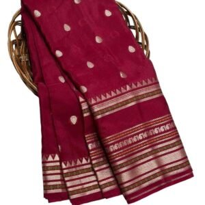 Traditional Maroon Silk Saree with Gold Zari Border, Banarasi Design Border, Handloom