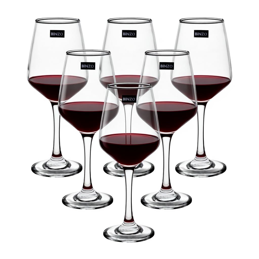 BINZO Glass Wine Glasses for Red Wines, White Wines, Set of 6, 430 ml, Dishwasher Safe, Perfect for Serving Wines, Pack of 6