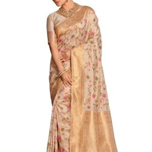 Banarasi Silk Saree with Golden Zari Floral Weaving | Soft Lightweight Traditional Saree for Women | Perfect for Festive Occasions, Gifting & Celebrations (White)