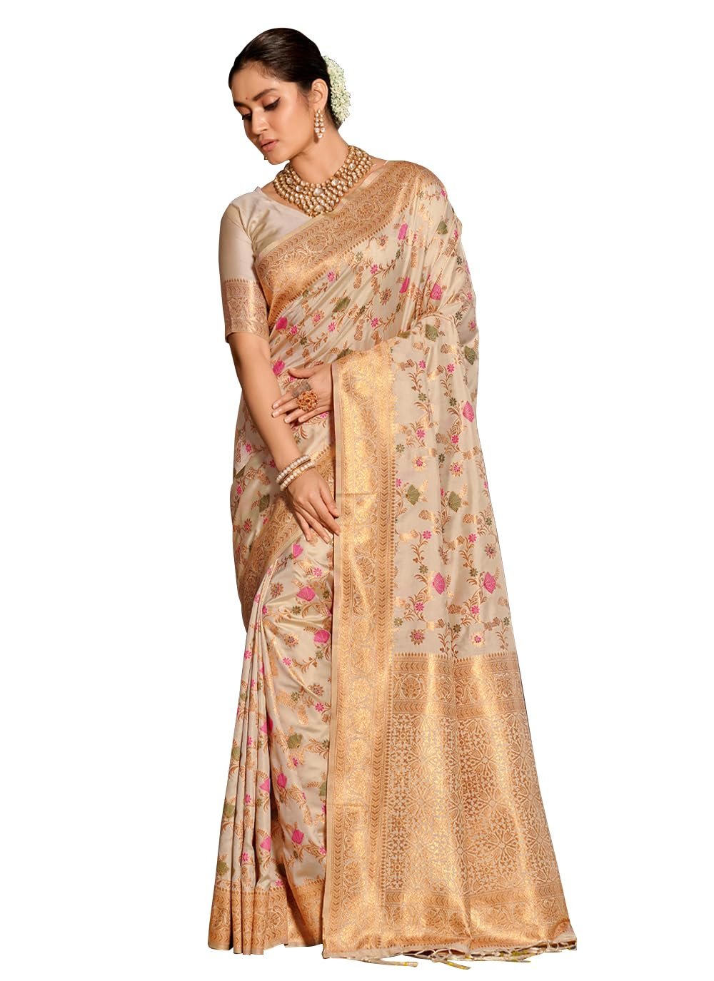 Banarasi Silk Saree with Golden Zari Floral Weaving | Soft Lightweight Traditional Saree for Women | Perfect for Festive Occasions, Gifting & Celebrations (White)